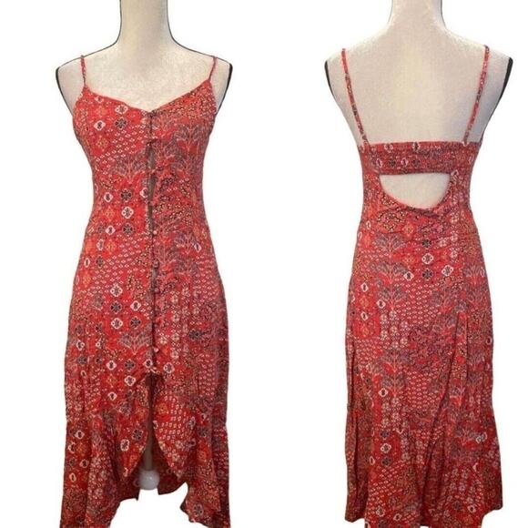 Abel The Label Red Floral Motif High Low Dress‎ Sz XS Boho Sundress - Picture 1 of 9